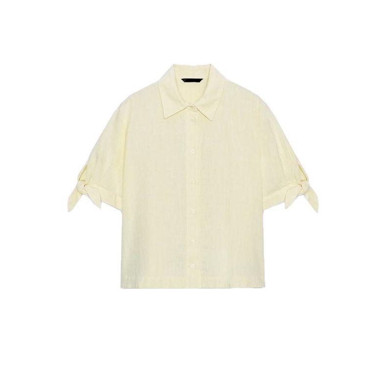 Summer New Product Women's Clothes Casual Style Lapel Ramie Blended Short Sleeve Bows Shirt Tops 8206730