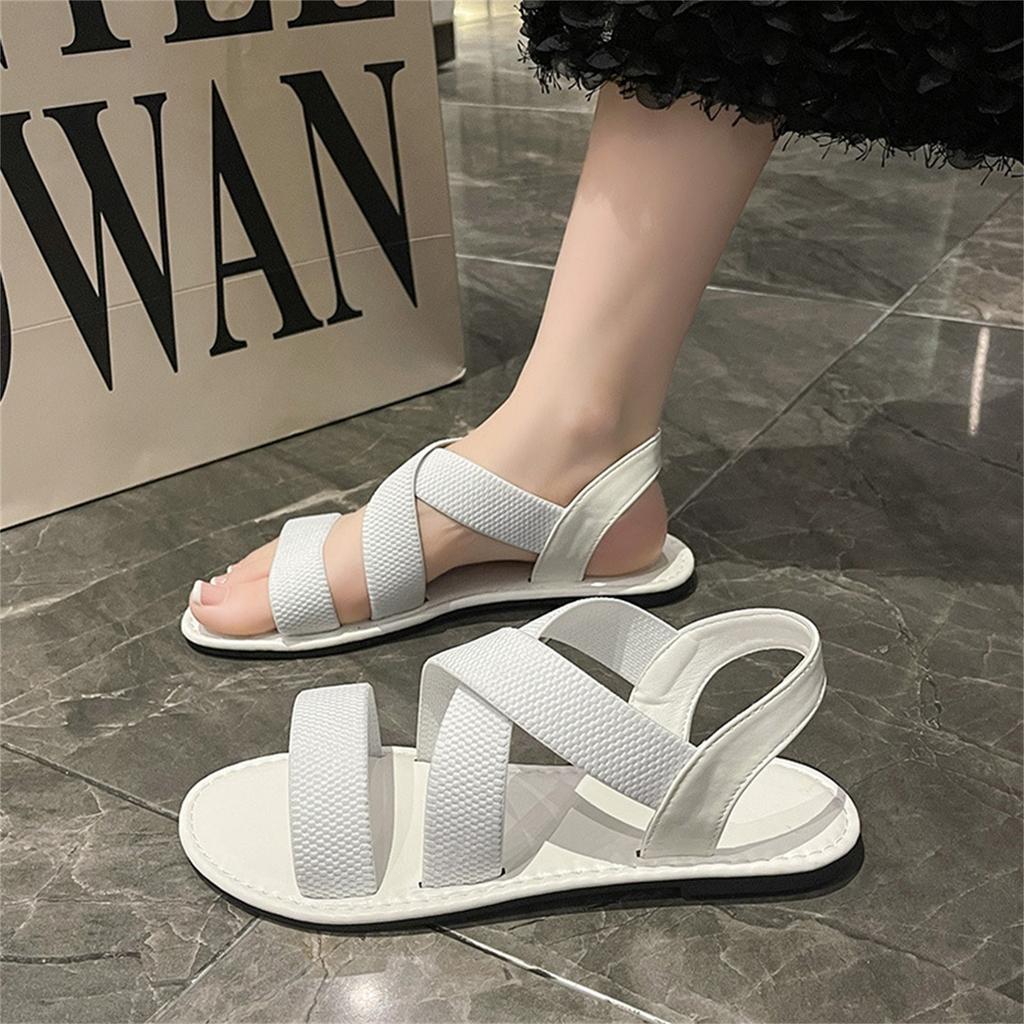 Women’s Plus Size Cross Strap Round Toe Casual Sandals with Elastic Upper and Flat Sole for Comfortable Wear