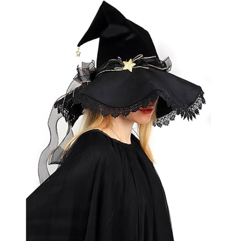Black Soft Finish Witch Hat for Adults with Star Accent Ribbon Trim and Flared Edge Costume Look for Halloween Parties and Photo Fun