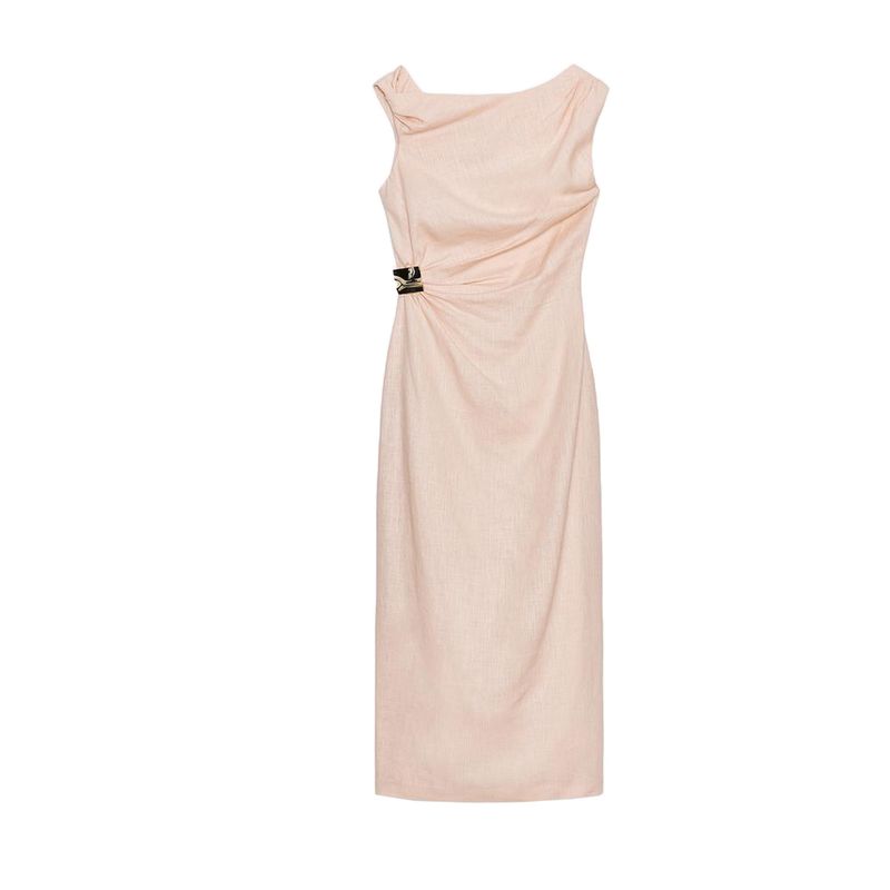 

Summer New Women clothes Inlaid Asymmetric Neckline Sleeveless Midi Dress 8037392 8037734 Peach L