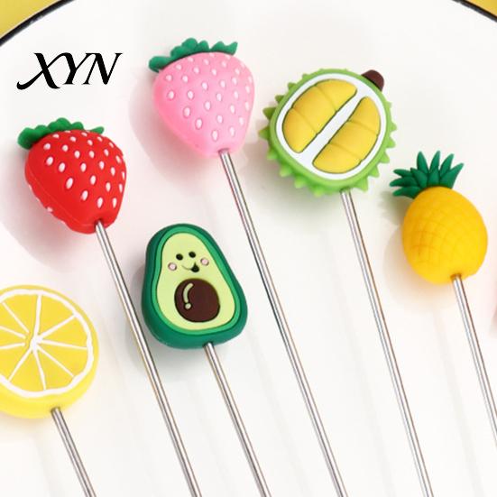 Stir Stick Cocktail Stick, Stainless Steel Mixing with Durian Pineapple Strawberry Cute Drink Stirrer Watermelon Rubber Top Decor, for Bar Milk