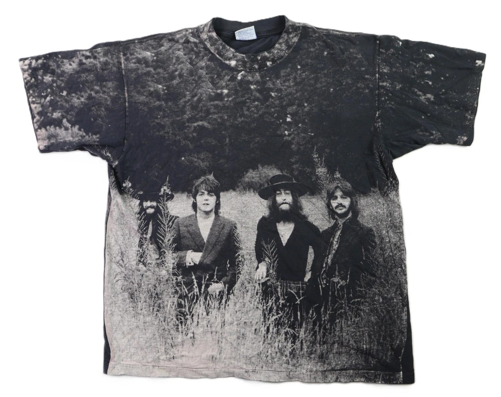 Vintage 90s USA XL Black Beatles All Over Print AOP Field of Grass Apple T Shirt S