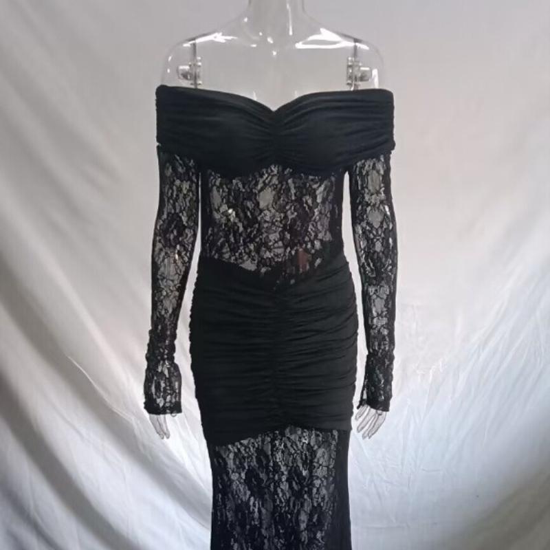 European and American Autumn Temperament Perspective Lace Long Fashion Sexy Sleeveless Backless Slim Fit Dress