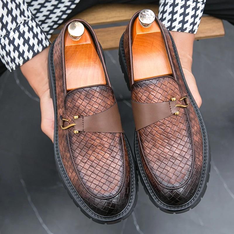 Men Leather Casual Dress Shoes Platform Loafers Slip-on High Quality Thick Bottom Height Increasing Shoes Oxfords Wedding Shoes