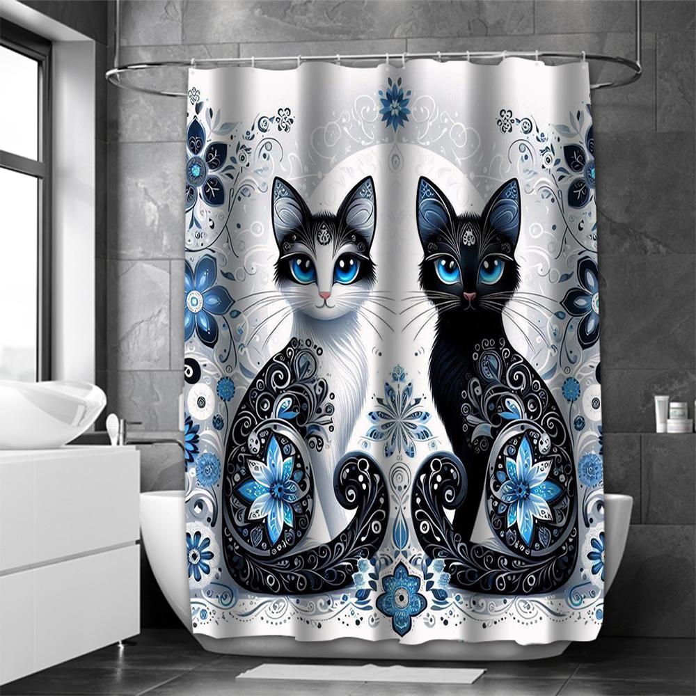 Cartoon Lovely Cat Pattern Bathing Curtain  Bathroom Letters Shower Curtain Waterproof With 12 Hooks Fishes Home Deco Free Ship