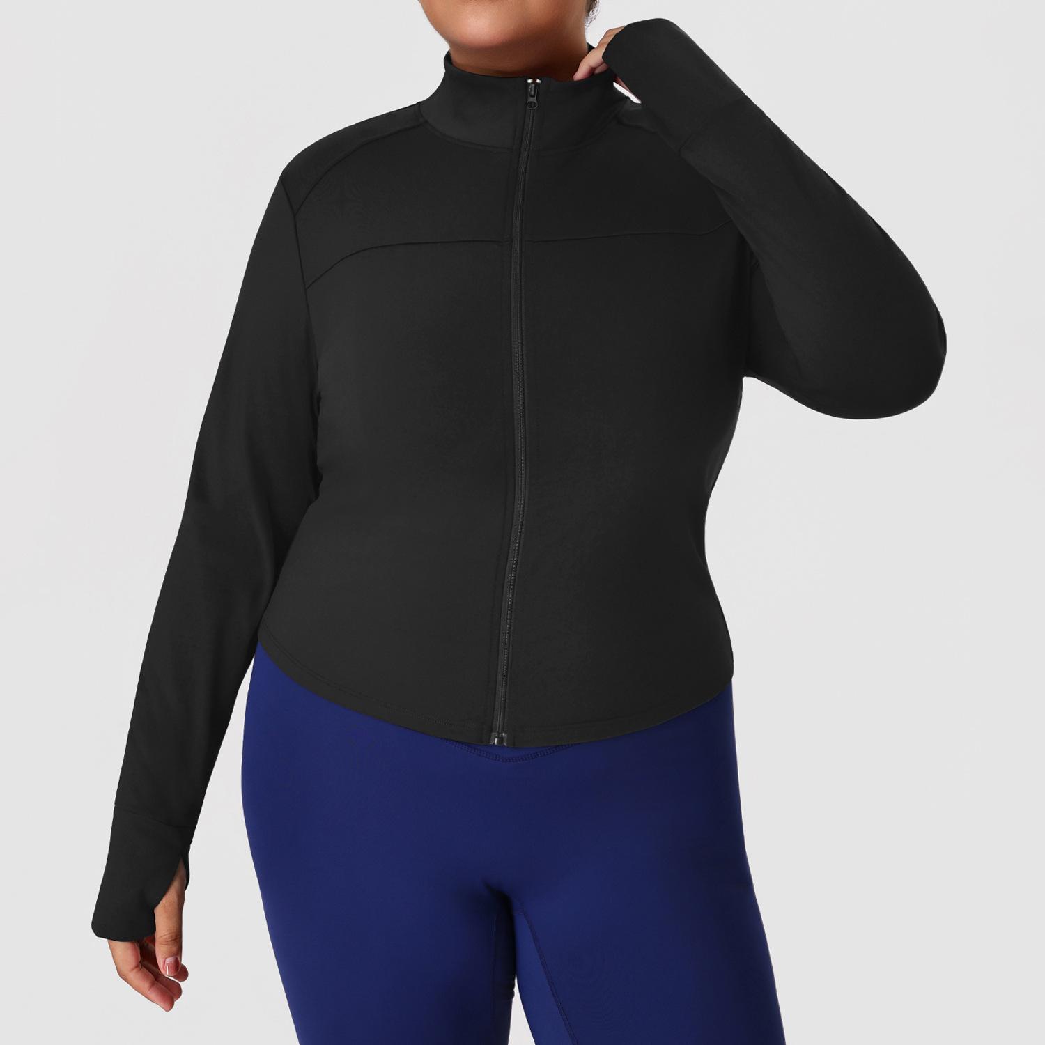 Women s Plus Size Zip Up Yoga Jacket High Neck Long Sleeve Slim Fit Athletic Coat 1XL чёрный