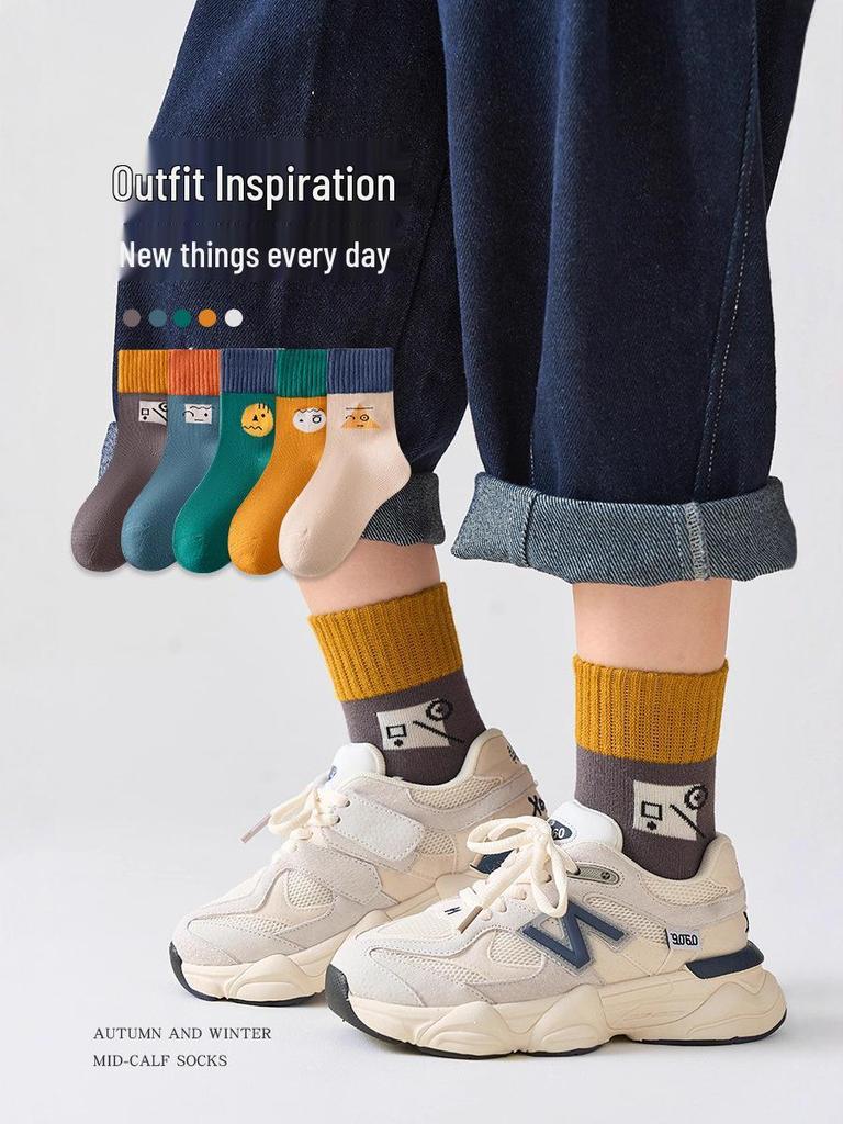 25 Nouvelles Chaussettes en Coton Mi-Mollet Couleur Unie pour Filles Automne/Hiver