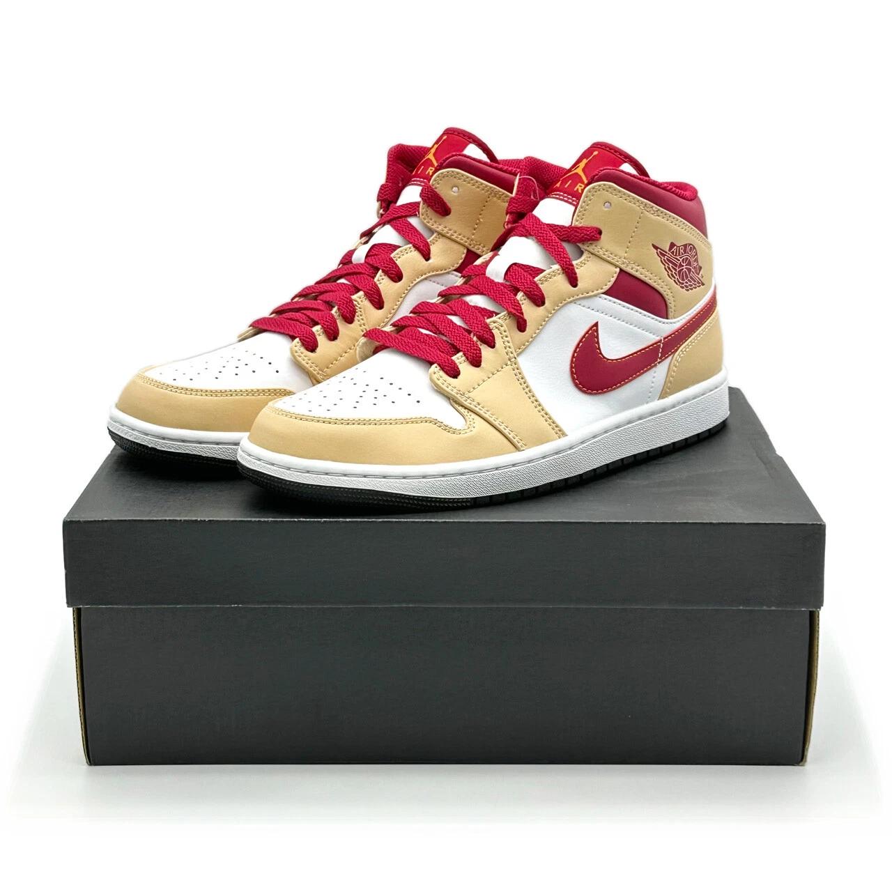 

554724-201 Nike Air Jordan 1 Mid Онікс Бежевий Світлий Каррі Кардинальський Червоний US 10.5