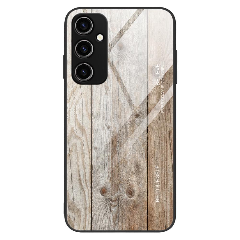 

For Samsung Galaxy A34 5G Wooden Pattern Anti-scratch Tempered Glass Phone Case TPU Frame Protective Cover Grey
