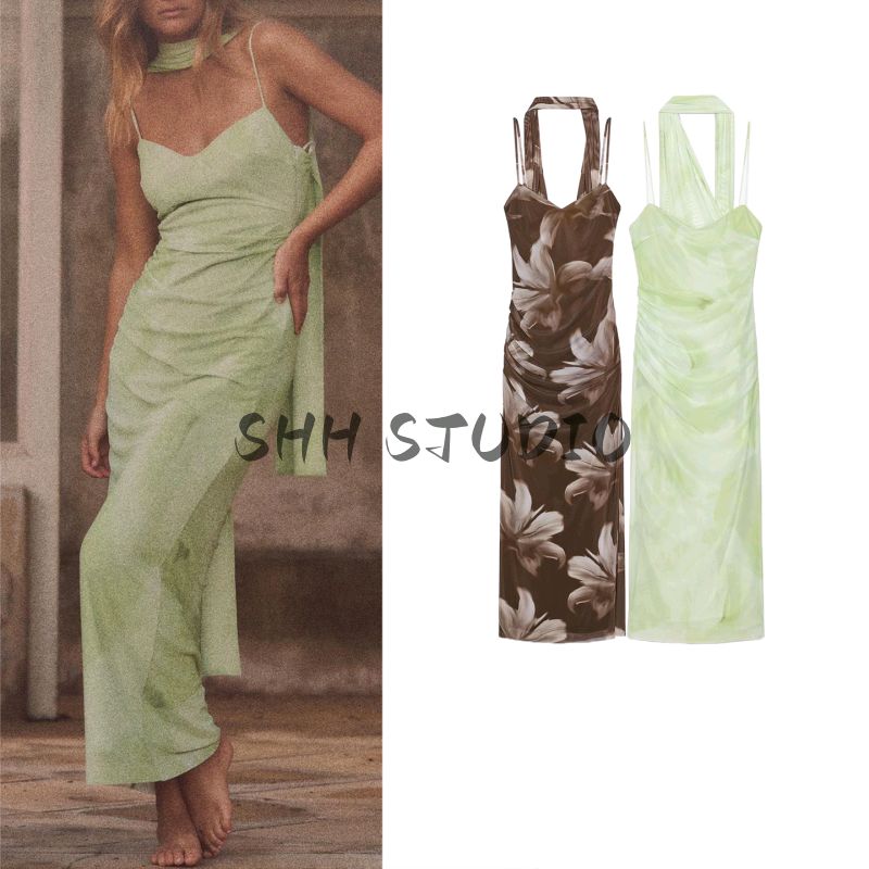 Autumn New Women's Clothing Ruched Decorative Print Silk Net Scarf Midi Skirt Dress 3152327 8220112