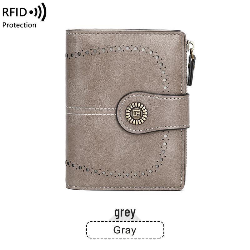 2023 RFID Women's Oil Wax Leather Wallet: Short Card Holder with Coin Purse and Fashion Buckle Zipper.