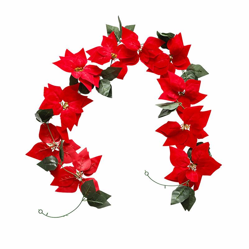 Artificial Christmas Flower Vine: 2m Green Leaf & Red Flower Door/Wall Hanging Ornaments