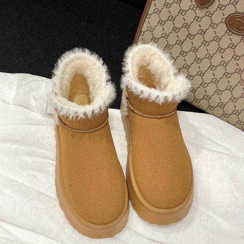 

Зимние ботинки на толстой подошве для женщин, зимние короткие ботинки с меховой отделкой, толстые бархатные, противоскользящие, теплые, из хлопка 40 коричневый