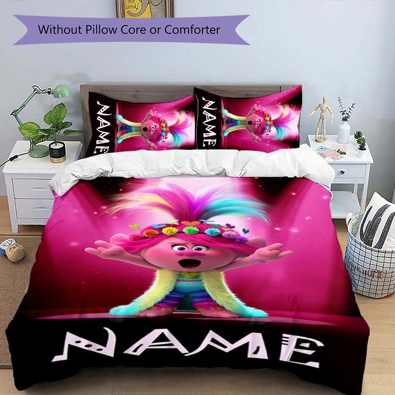 3pcs Trolls3 Cover Set - Personalized Name, HD Printed Bedding with 1 Cover and 2 Pillowcases - Perfect for Home Decor, Easy Care