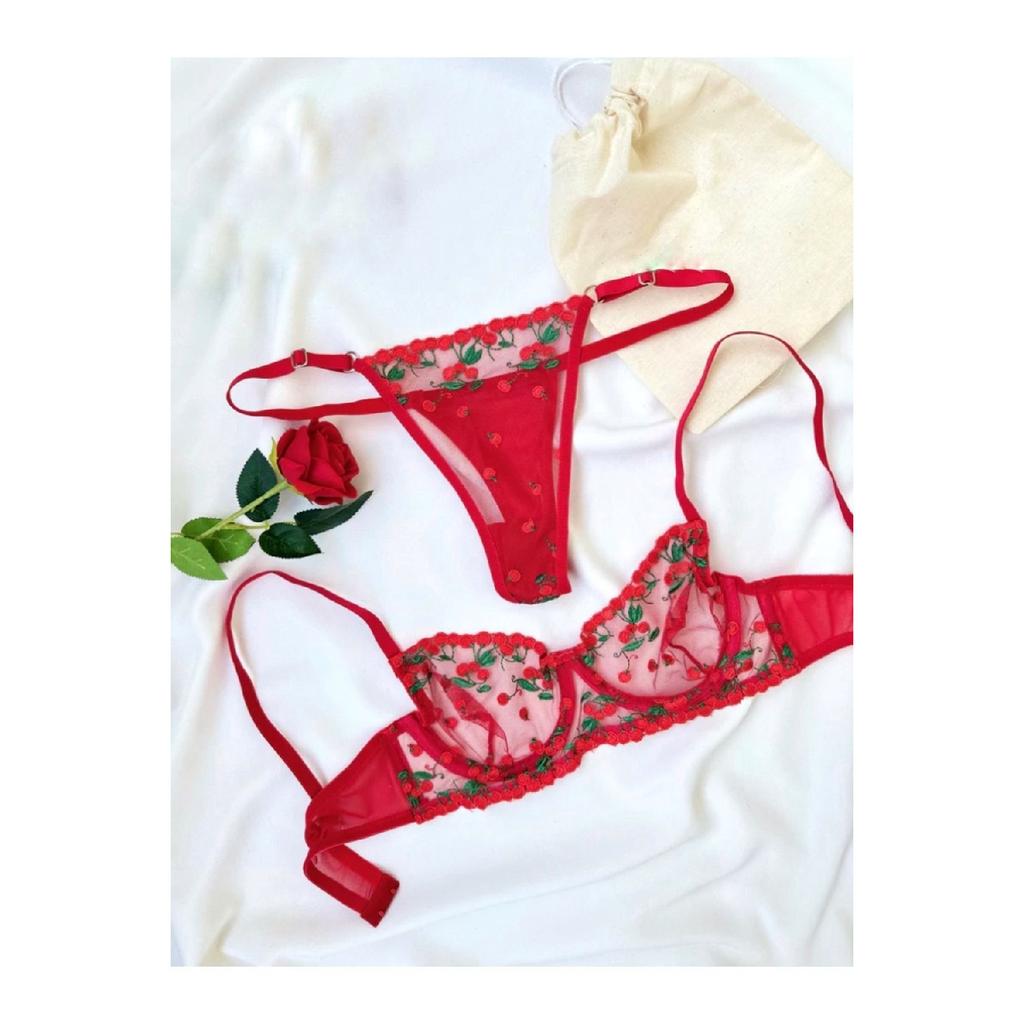 Cherry Red Tanga Pantyon Bra Set