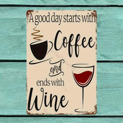 Arte da parete in metallo stile vino da caffè, una buona giornata inizia con il caffè e finisce con il vino, insegna vintage da bar cucina caffè