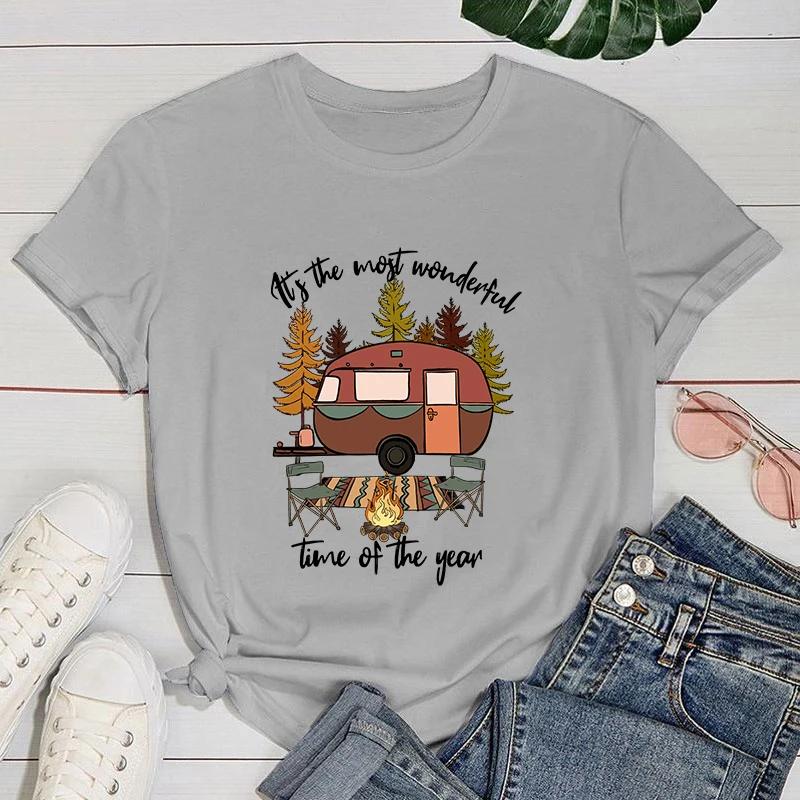 (Premium T-shirt)Funny Camping It'S The Most Wonderful Time Of The Year Print T-Shirts For Women Summer Round Neck Tee Shirt