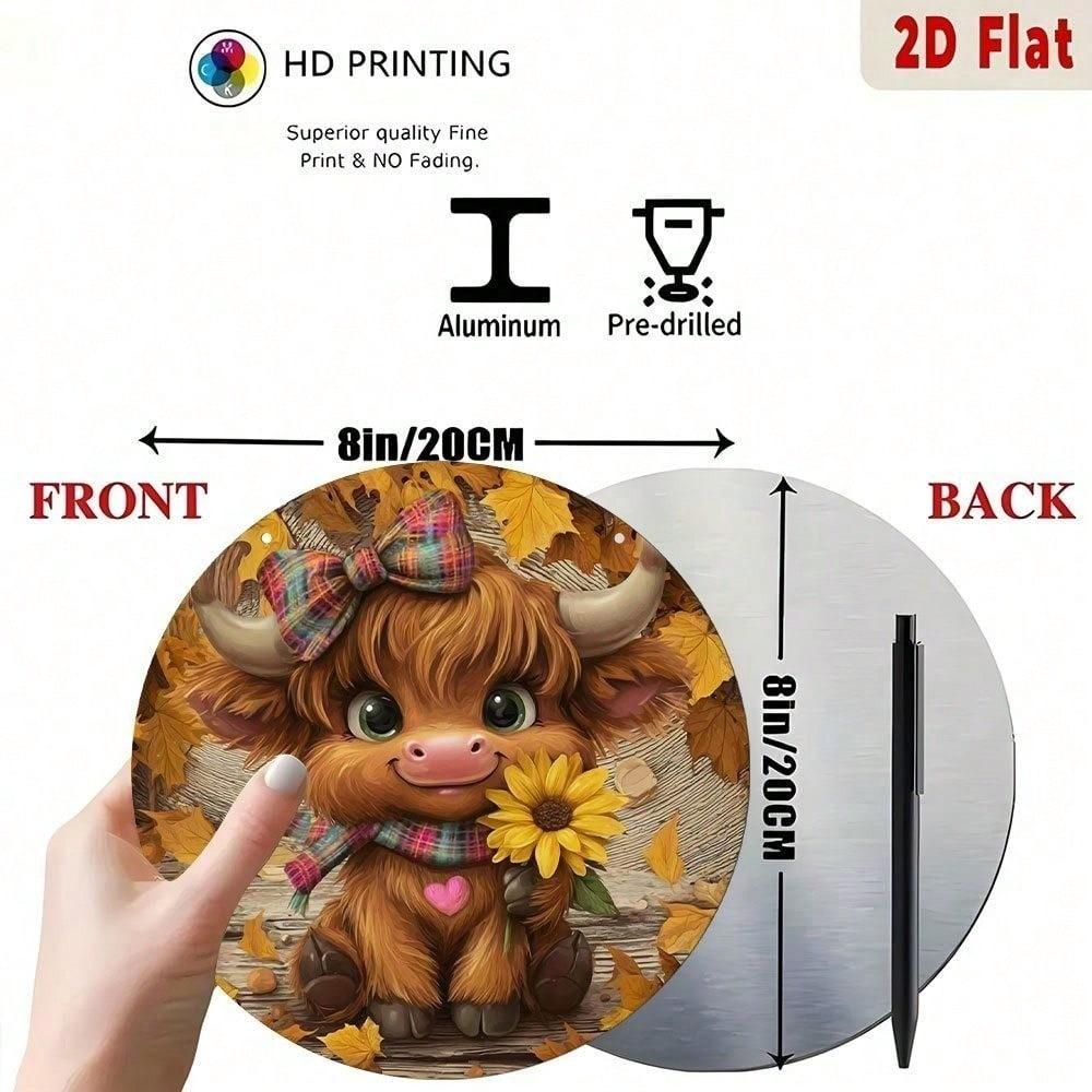 Cute Fluffy Cow Metal Sign with Sunflower Bow - 2D Farmhouse Wall Art Decor