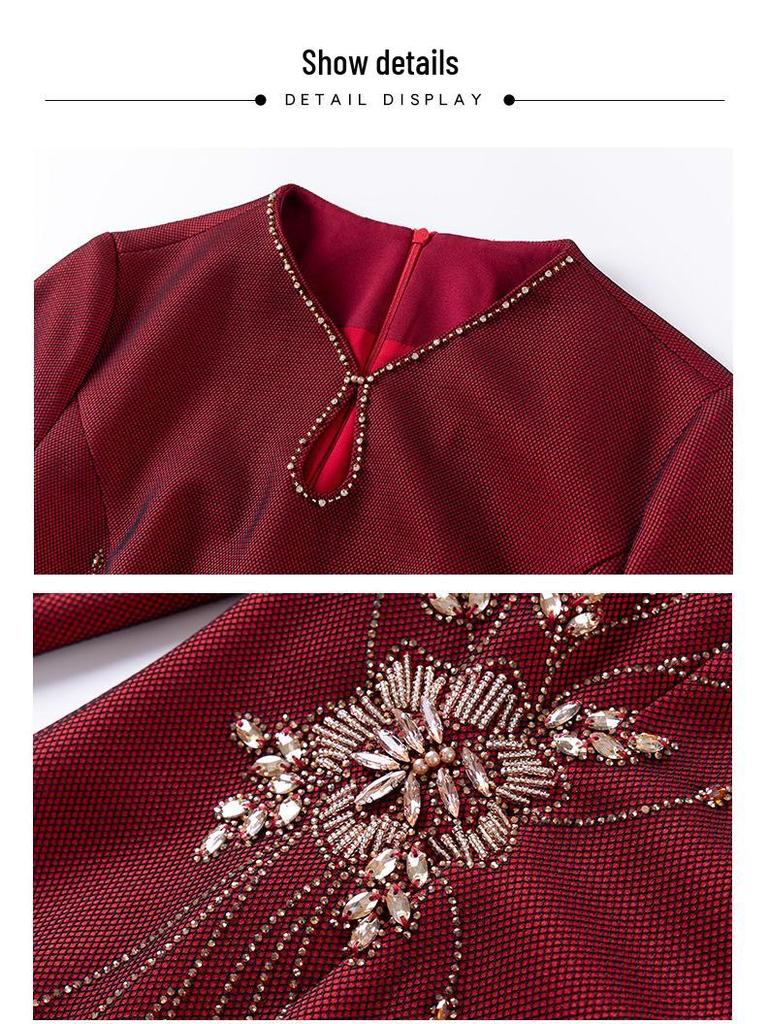 Elegant Wine Red Bodycon Dress with Water Drop Neck for Mother-in-law At Wedding Banquet