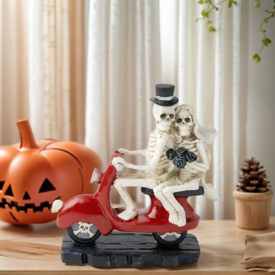 Skeleton Couple Figurine Resin Skeleton Couple Riding Motorcycle Sculpture Gothic