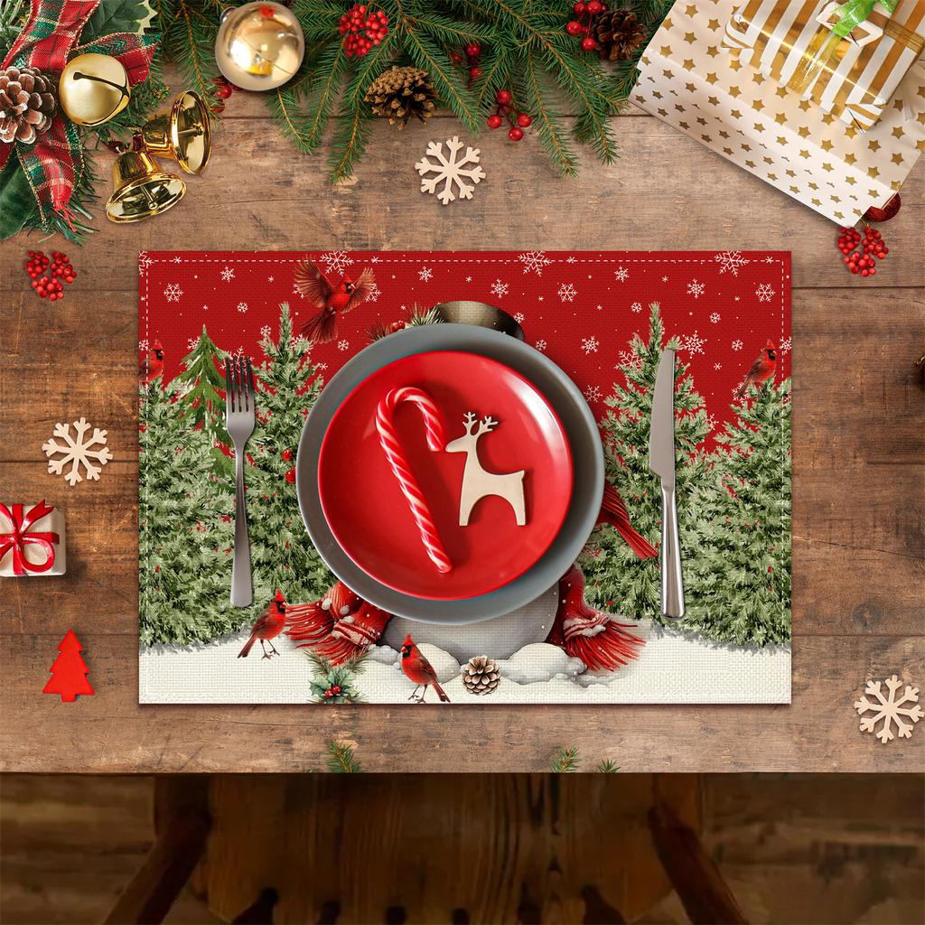 11.81*17.72inch Red Hat Snowman with Red Birds, Pine Trees, Berries, And Red Snowflakes Christmas Placemats, of 4/6, Suitable for Kitchen Table Ho