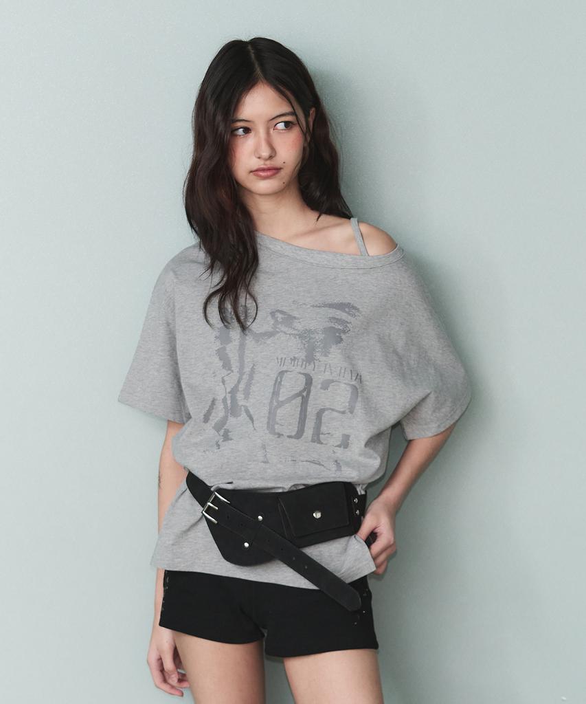 Ledeoli Vintage Slit One-Shoulder Short Sleeve T-Shirt [Melange]