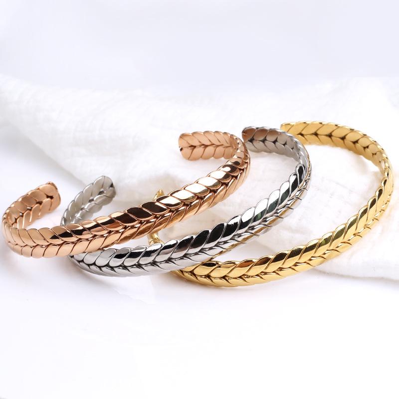 Stainless Steel Wheat Ear Open Bracelet - Fashionable Textured Summer Titanium Couple Jewelry