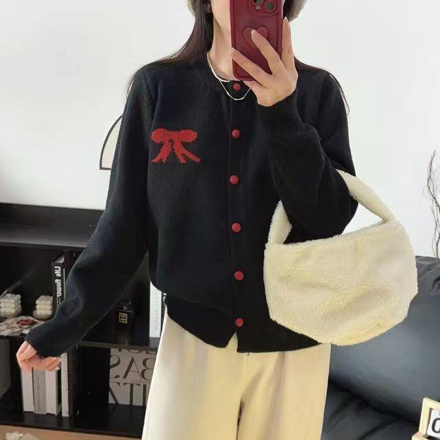 

Женский шерстяной кардиган с круглым вырезом, короткий фасон, бант и свободный вязаный свитер в сочетании с шерстяной одеждой на осень L чёрный