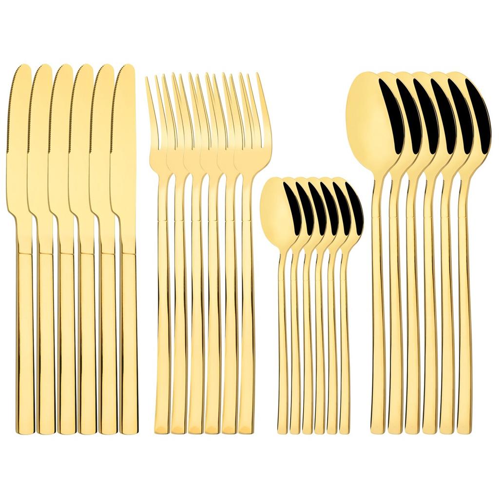24pcs Black Gold Tableware Set Western Dinnerware Set Knife Forks Coffee Spoon Flatware Mirror Stainless Steel Kitchen Cutlery