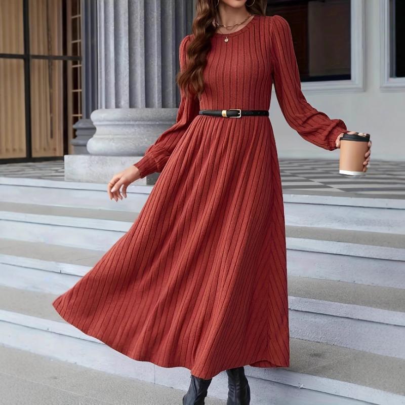 Solid Color Round Neck Long Sleeve Pullover Casual Elegant Thread Fashionable Dress