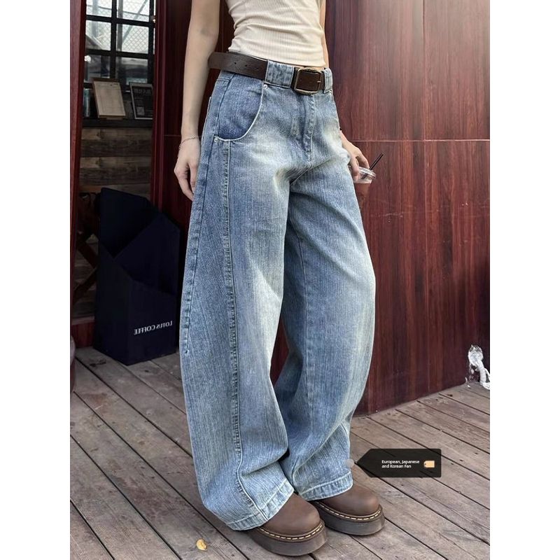 

Большой размер Американский ретро деконструктивный мачете Деним Женские 2025 Весна Уличный стиль Свободные Штаны широкие клеш Повседневные Драпированные брюки Blue [Quality Edition]] M