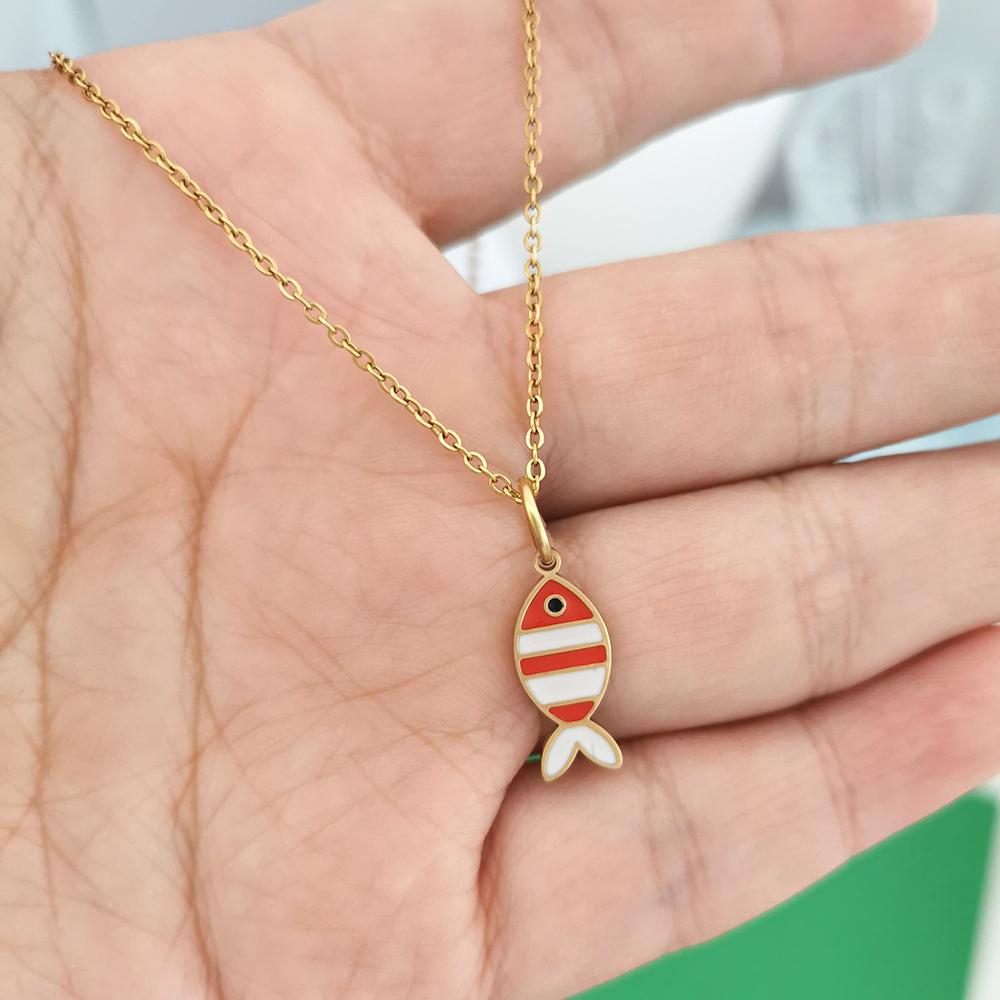 QMHJE Pendant Necklace Women Stainless Steel Strawberry Cherry Fish Lemon Slim Chain Choker Gold Waterproof