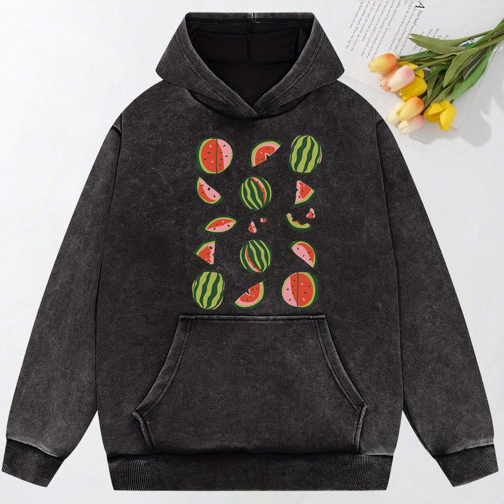 Delicious Watermelon Cut Open  Print Washed Sweatshirt Pullover Autumn Cotton Hoodies Casual Oversized Womenwear