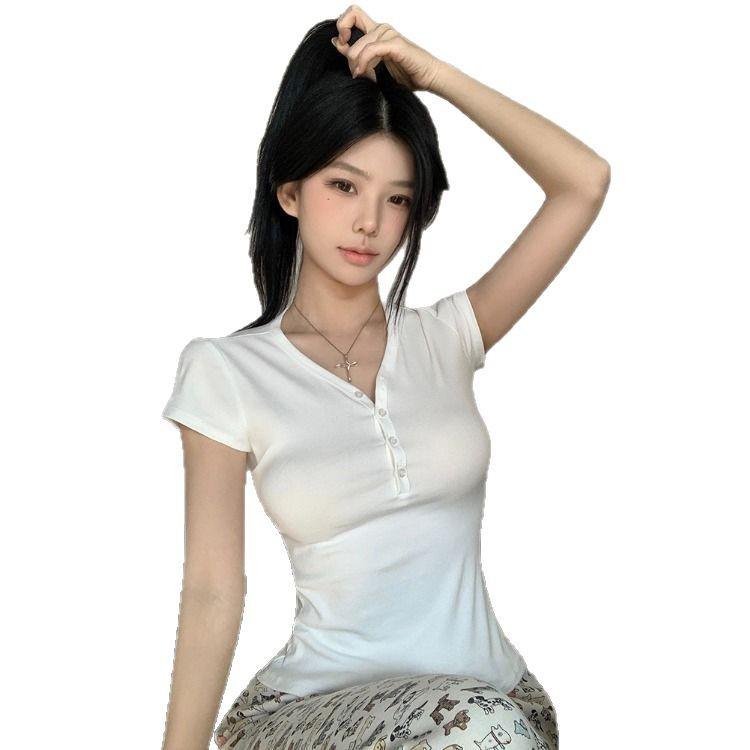 Women's American Retro V-Neck Button-Up Slim-Fit Cropped T-Shirt - 2025 Summer Edition