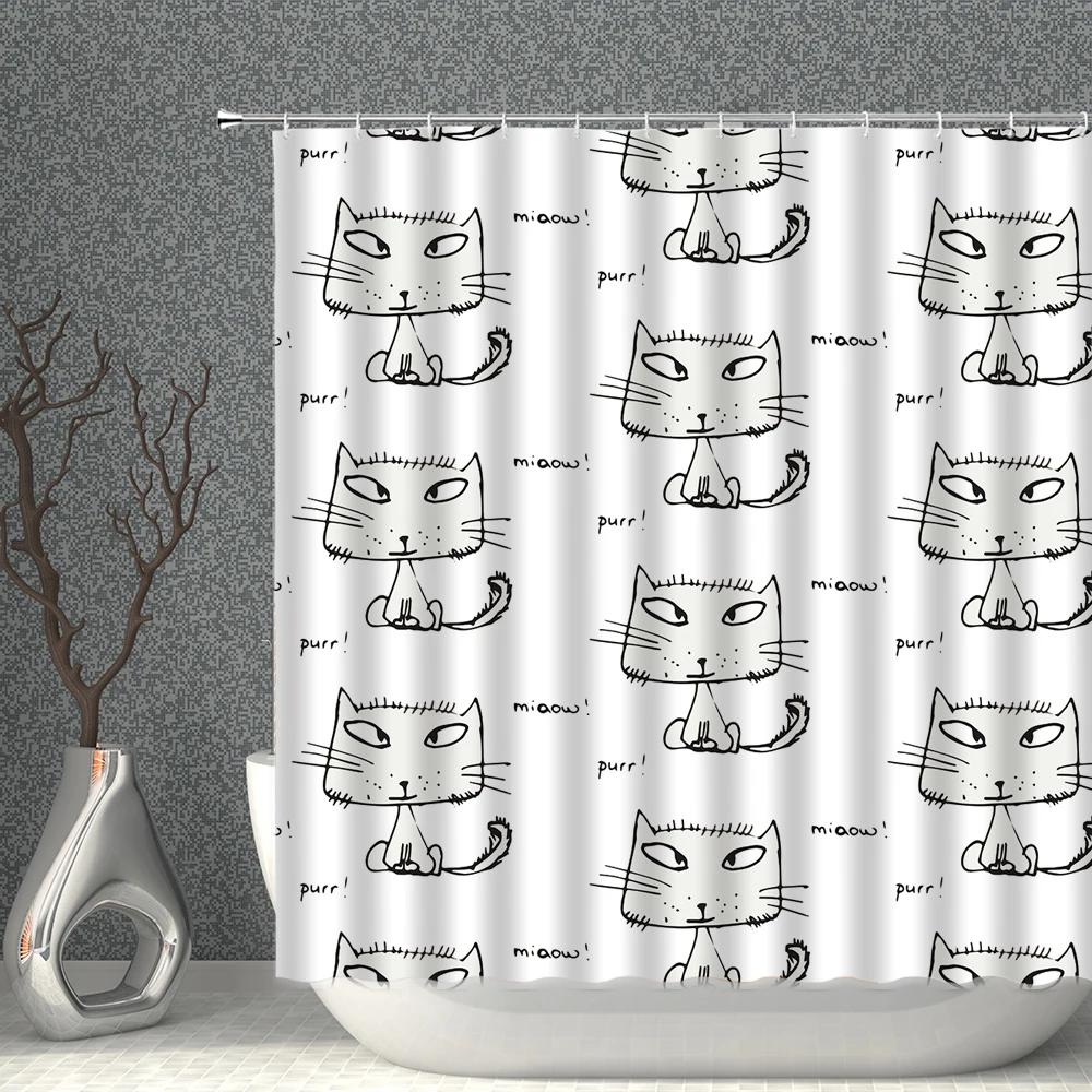 Cartoon Cat White Shower Curtain Waterproof Pattern Print Polyester Bath Curtains Multi-Size With Hooks Bathroom Screen Decor