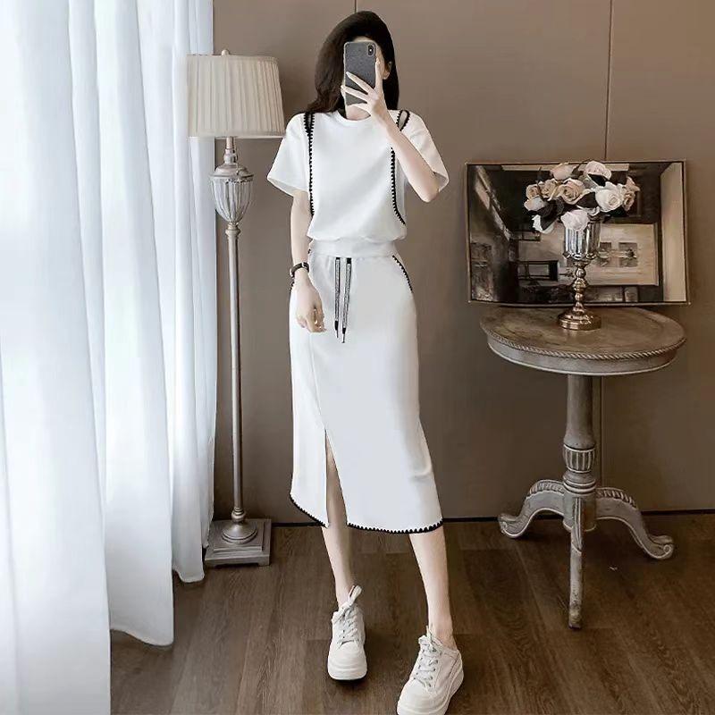 

Европейский шик летний комплект из двух частей с открытыми плечами: Женская повседневная миди-юбка с короткими рукавами, визуально омолаживающая XL белый