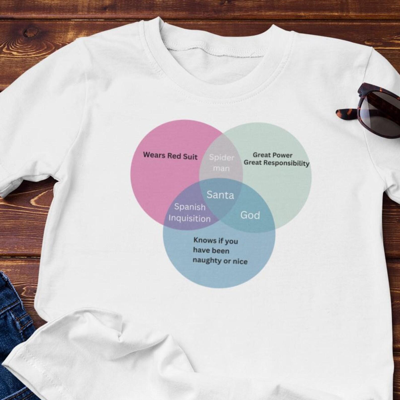 Funny T-Shirt - Venn Diagram of Santa, God, Spiderman & Spanish Inquisition Cotton Tee L