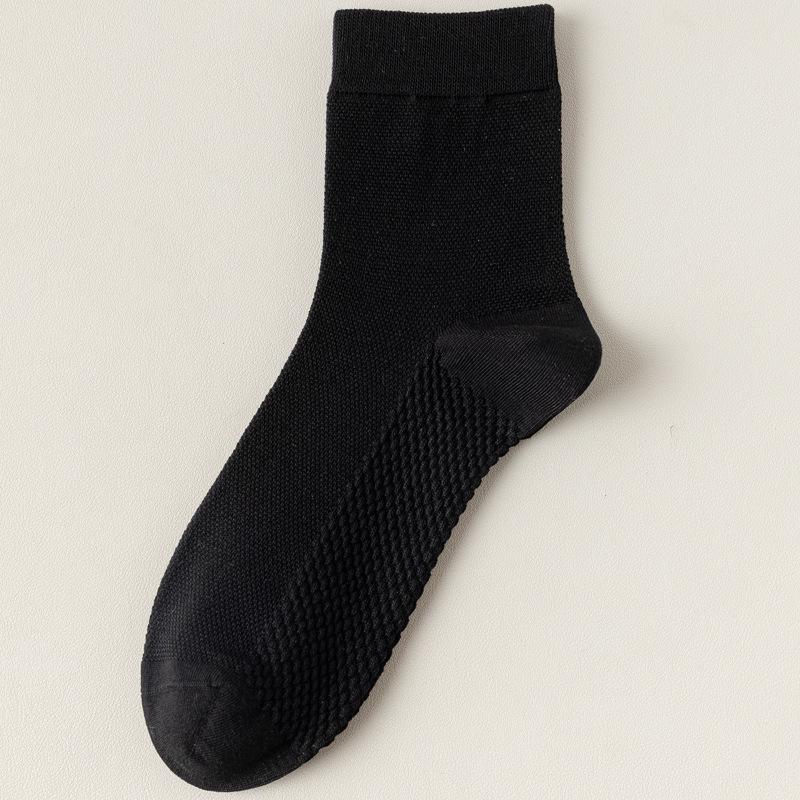 Men's Breathable Black Cotton Mid-Calf Socks - Sweat-Absorbent, Odor-Resistant, Mesh Design for Spring/Summer.