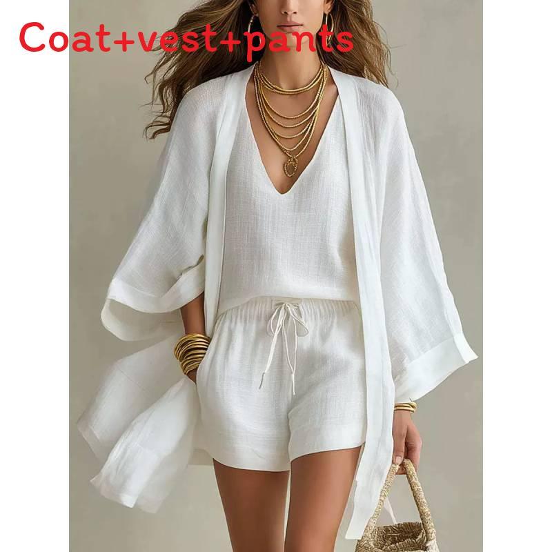 Summer Casual Set For Women With Sleeveless Cardigan And Shorts Made Of Cotton Linen For Relaxed Wear