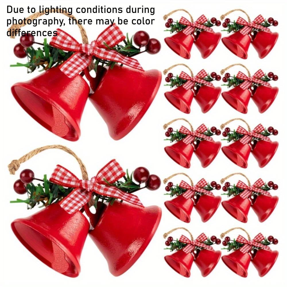 4/12pcs Cast Iron Christmas Bells Decorations with Red & White Gingham Bow & Greenery - Durable Indoor Hanging Decor for Tree