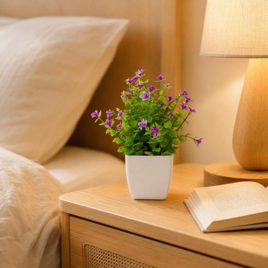 Compact Decorative Plant Artificial Eucalyptus Potted Plant, Lifelike Faux Greenery with Purple/White Flowers & Verdant Leaves, UV-Resistant