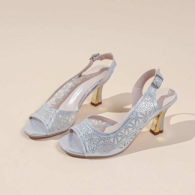 Summer new fish mouth foot high heel fashion casual large size shallow mouth rhinestone net single shoes 35