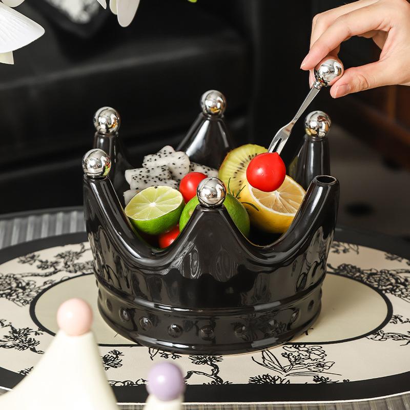 Crown Shape Ceramic Fruit Plate Home Living Room Coffee Table Snack Storage Box With Fruit Fork