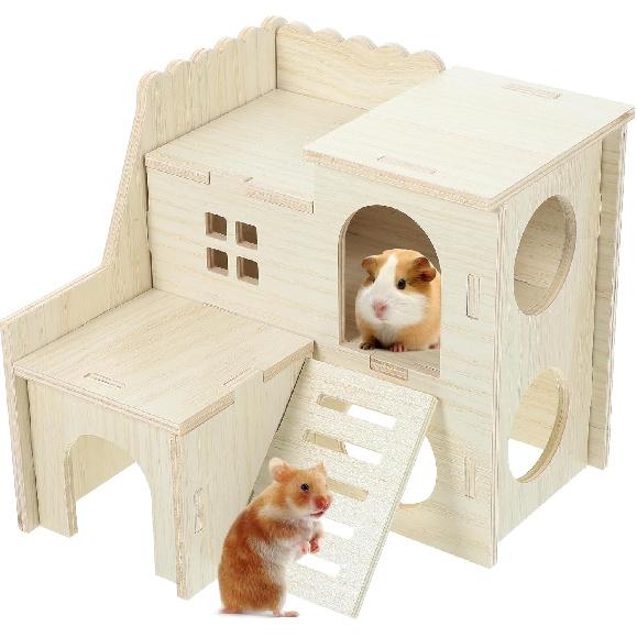 LOGOFUN Wooden Hamster Hideout Castle Multi-Chamber Hide Hut with Climbing Ladder for Chinchillas Guinea Pigs Small Pet Cage Accessories - 6 * 5 *