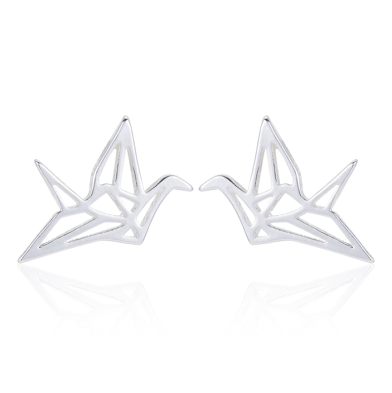 Geometric Origami Crane Stainless Steel Stud Earrings - Small, Versatile, Chinese-Style Bird Cartilage Jewelry
