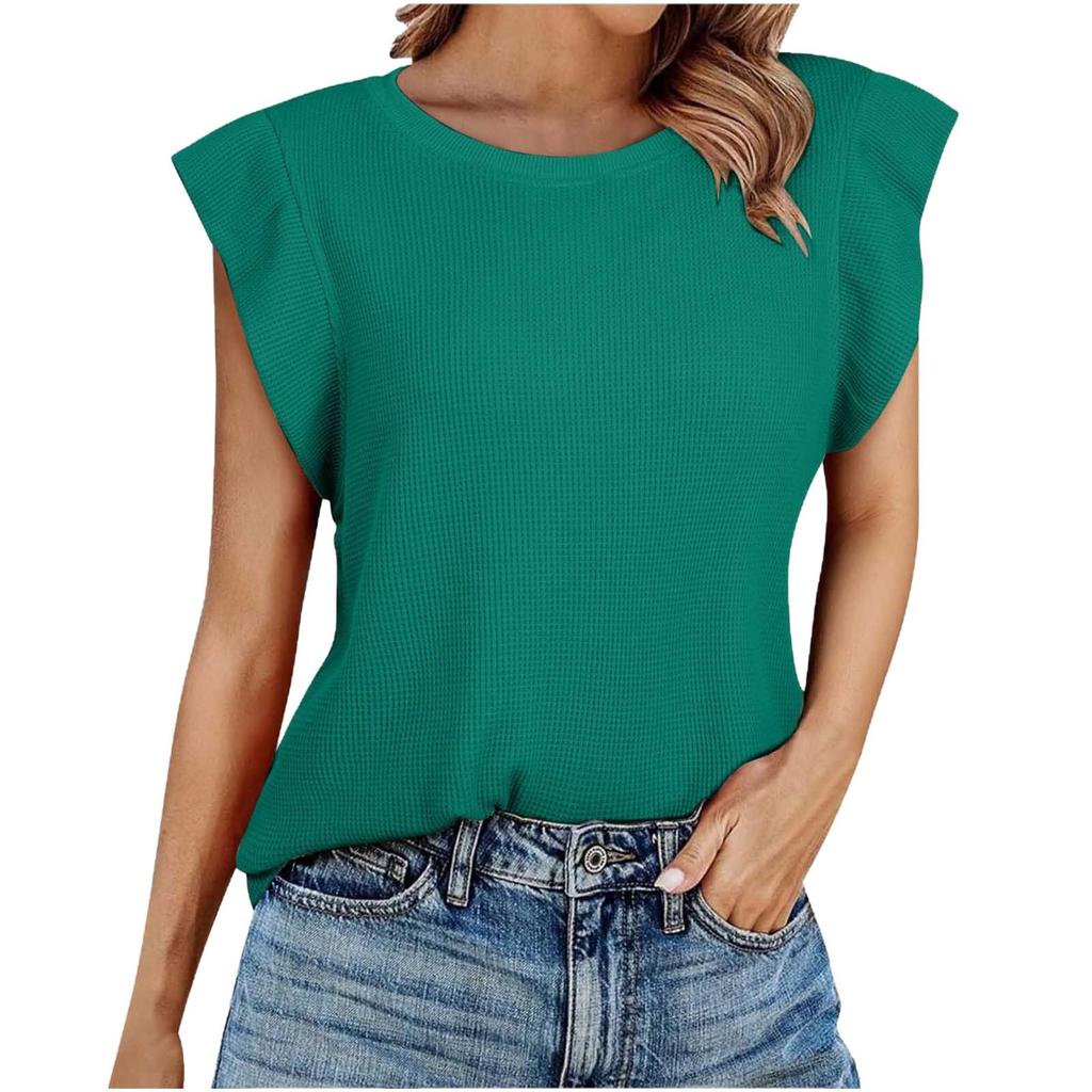 Women Solid Color Waffle Crew Neck Loose Short Sleeve Casual T Shirt Top