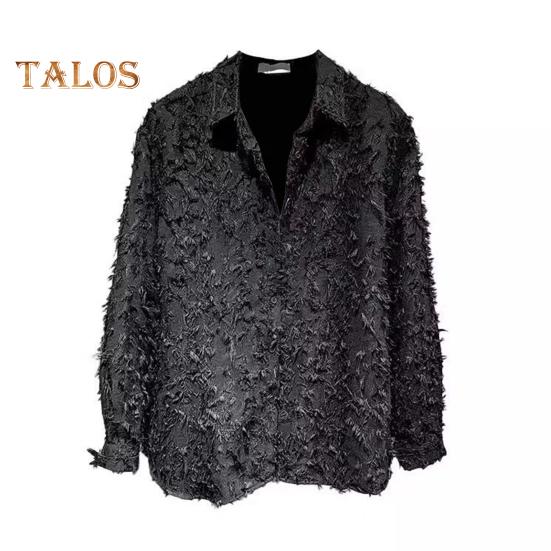 Men Shirt Long Sleeve Solid Color Fuzzy Tassel Button-down Cardigan Mid Length Regular Fit Streetwear Club Shirt for Daily Wear Parties Travel