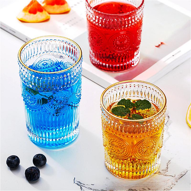 300ml/350ml Exquisite Whiskey Glass Sunflower Patterned Cocktail Glass Nordic Style Water Cup Golden Edged Glass Cup Coffee Mug