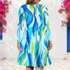 Women Plus Size V Neck Long Sleeve Blue Green Printed A Line Dress