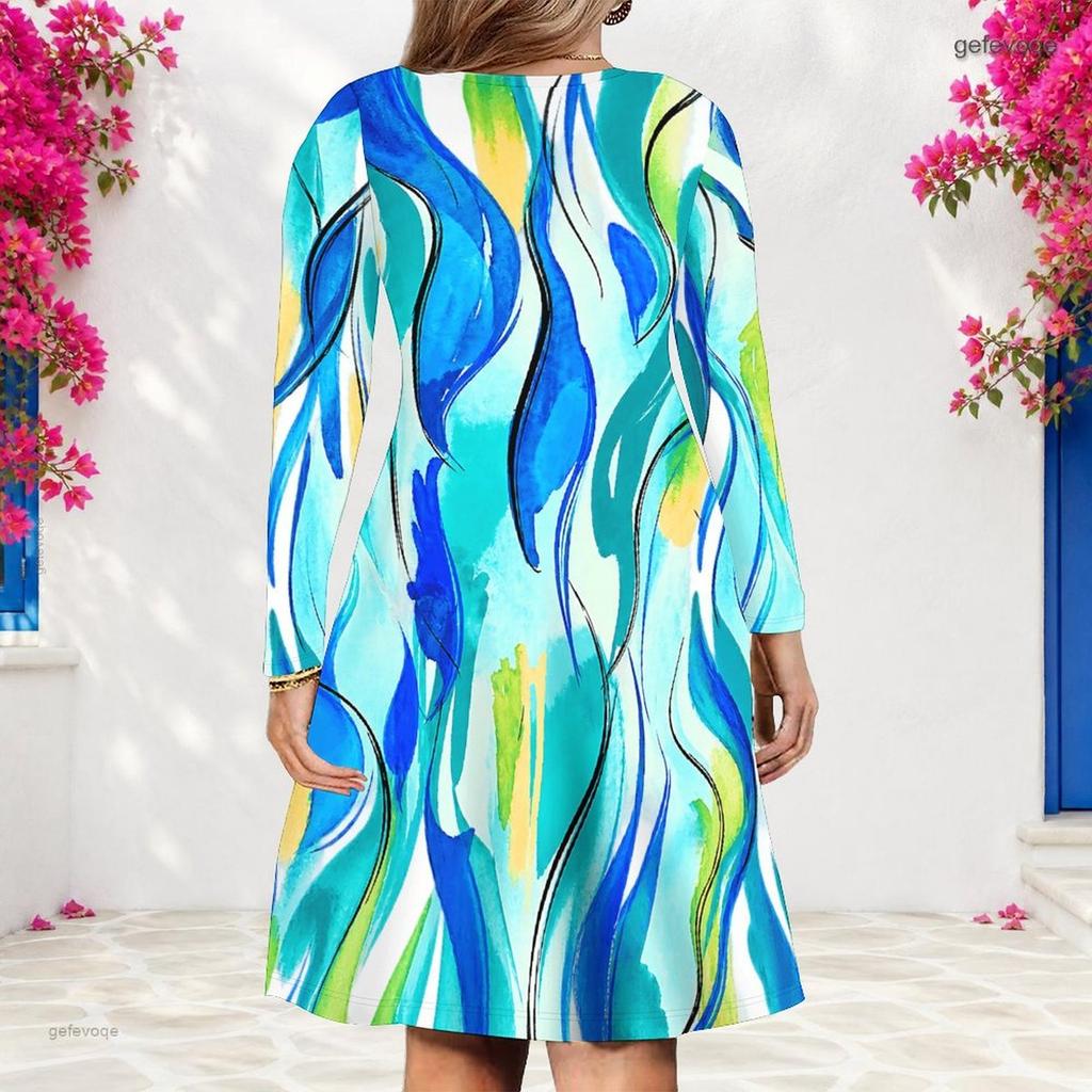 Women Plus Size V Neck Long Sleeve Blue Green Printed A Line Dress